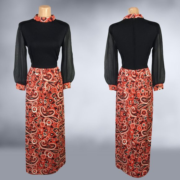 VINTAGE 70s Sheer Bishop Sleeve Paisley Print Maxi Dress size 12 - Picture 2 of 8